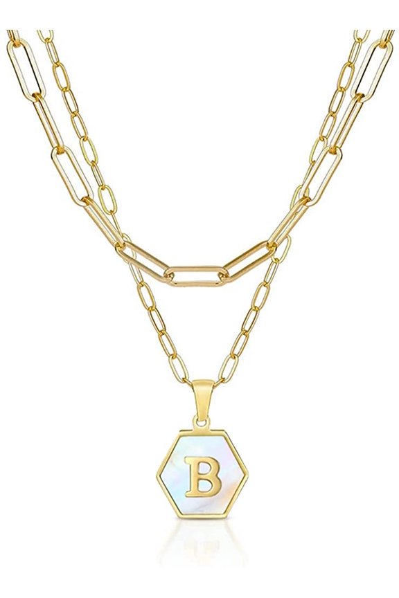 Stainless Steel Gold Plated Paper Clip Layered Choker Mother of Pearl Initial A - Z Letter Alphabet Pendant Mens Womens Necklace, Gold, G