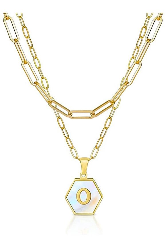 Stainless Steel Gold Plated Paper Clip Layered Choker Mother of Pearl Initial A - Z Letter Alphabet Pendant Mens Womens Necklace, Gold, O