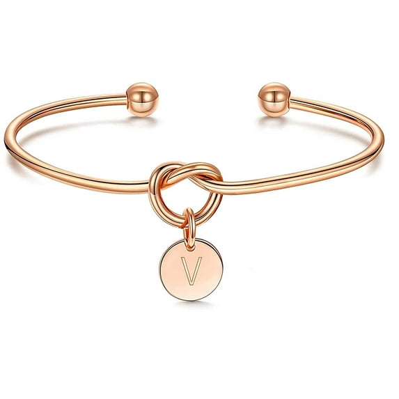 Giorgio Bergamo Stainless Steel Rose Gold Plated Love Knot Initial Disc Bangle All 26 Letter Alphabet, Cuff Bangle Bracelet, V, Rose