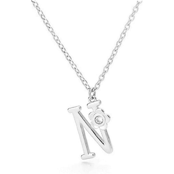 Giorgio Bergamo Stainless Steel White Gold Plated A - Z, 26 Letter Cubic Zirconia Flower Initial Pendant Mens Womens Necklace, N