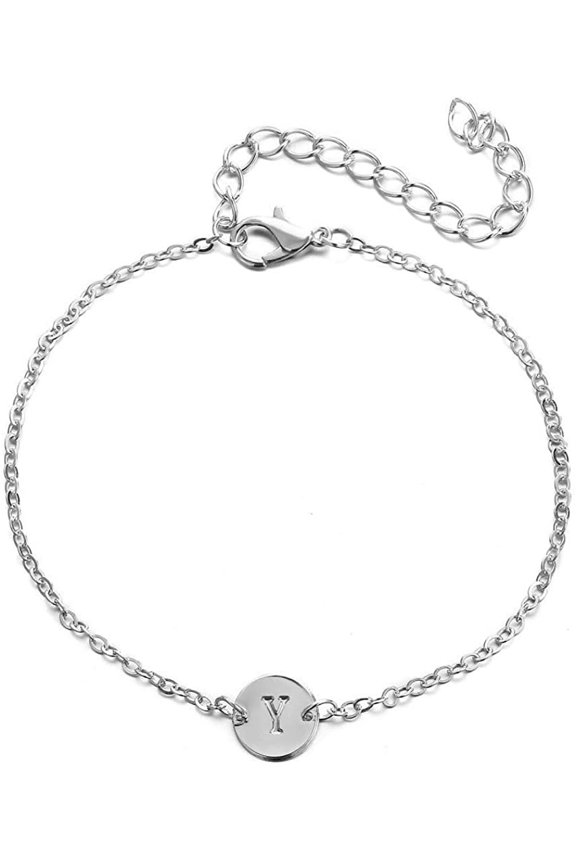 Stainless Steel White Gold Plated All 26 Letter Alphabet Initial Disc Adjustable Bracelet/Anklet, Y