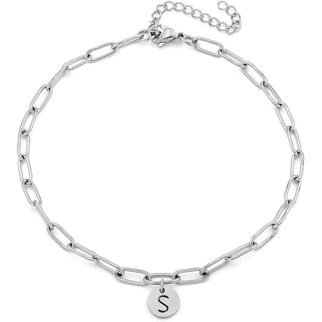 Giorgio Bergamo Stainless Steel White Gold Plated Paper Clip Initial Disc Anklet All 26 Letter Alphabet, Ankle Bracelet, S, Silver