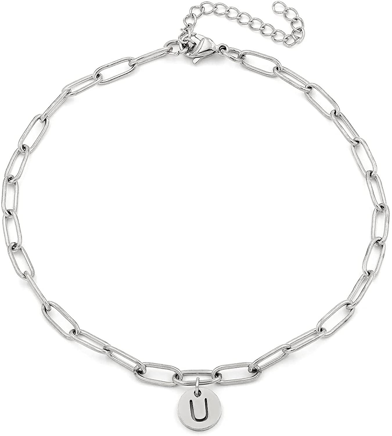 Giorgio Bergamo Stainless Steel White Gold Plated Paper Clip Initial Disc Anklet All 26 Letter Alphabet Ankle Bracelet U Silver