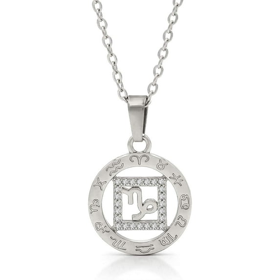 Giorgio Bergamo Stainless Steel White Gold Plated Zodiac, Astrology, Horoscope, Constellation Cubic Zirconia Amulet Disc Pendant Mens Womens Necklace, Free Micro Fiber Cloth, Capricorn, Silver