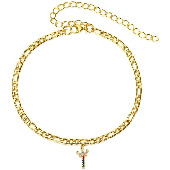 Giorgio Bergamo Stainless Steel Yellow Gold Plated 4mm Figaro Link Anklet, Rainbow Crown Initial A - Z Cubic Zirconia Letter Alphabet Ankle Bracelet Gold, I