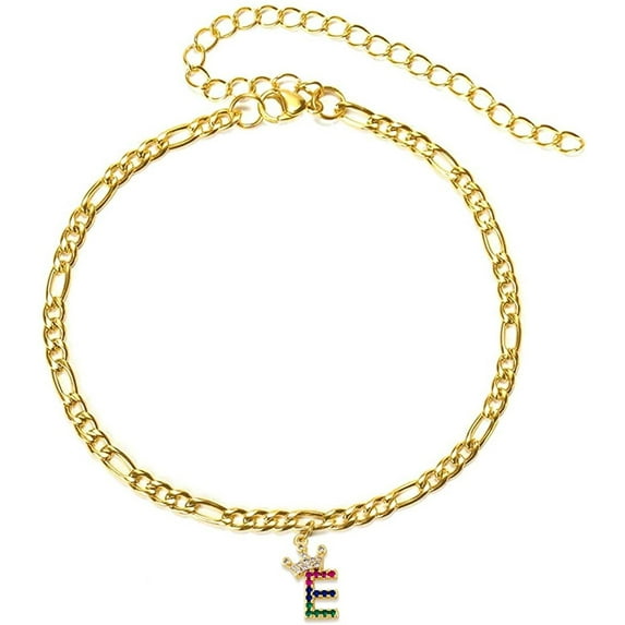 Giorgio Bergamo Stainless Steel Yellow Gold Plated 4mm Figaro Link Anklet, Rainbow Crown Initial A - Z Cubic Zirconia Letter Alphabet Ankle Bracelet Gold, E