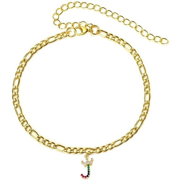 Giorgio Bergamo Stainless Steel Yellow Gold Plated 4mm Figaro Link Anklet, Rainbow Crown Initial A - Z Cubic Zirconia Letter Alphabet Ankle Bracelet Gold, J