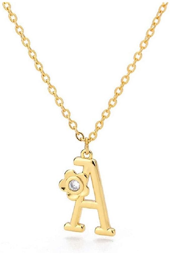 Stainless Steel Yellow Gold Plated A - Z, 26 Letter Cubic Zirconia Flower Initial Pendant Mens Womens Necklace, A