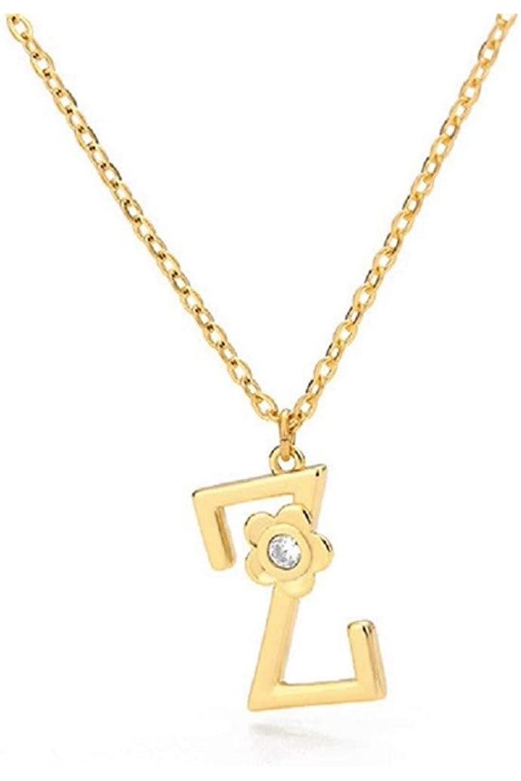 Stainless Steel Yellow Gold Plated A - Z, 26 Letter Cubic Zirconia Flower Initial Pendant Mens Womens Necklace, Z
