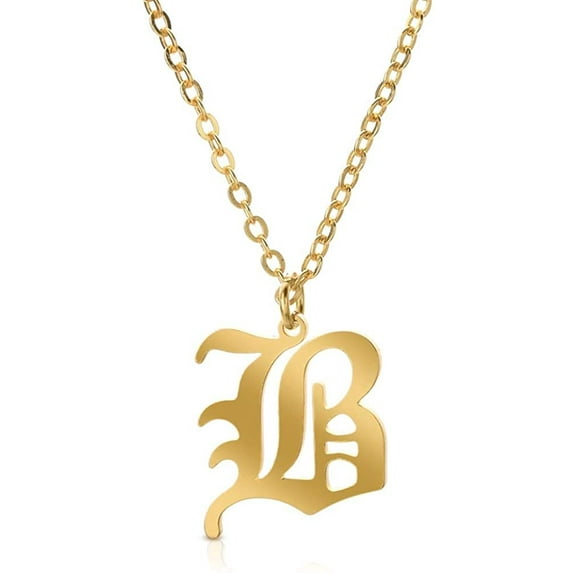 Giorgio Bergamo Stainless Steel Yellow Gold Plated Gothic, Old English Intial A - Z Letter Pendant Mens Womens Necklace, Gold, B