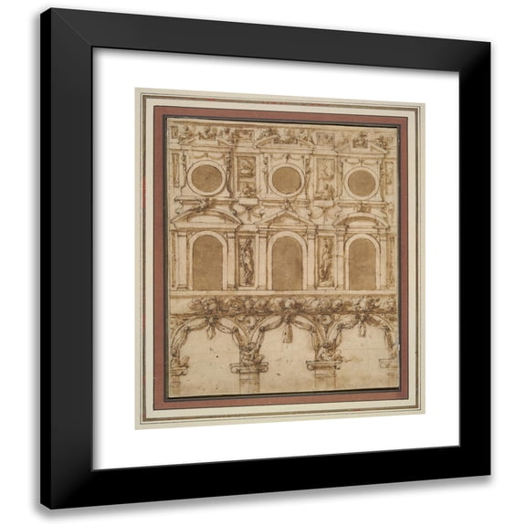 Giorgio Vasari 12x14 Black Modern Framed Museum Art Print Titled - Design for a Temporary Decoration of the East Wall of the Palazzo Vecchio Courtyard (ca.&nbsp;1565)