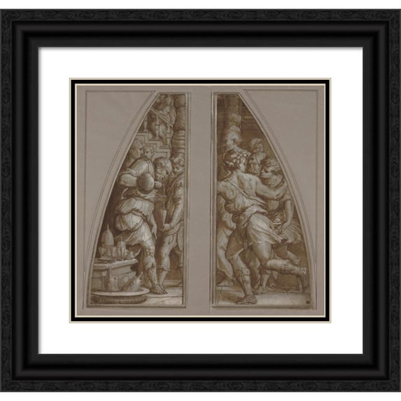 Giorgio Vasari 16x15 Black Ornate Wood Framed Double Matted Museum Art Print Titled - ‘Bearded Man Filling a Glass’ and ‘Youth Running’ (1544-1545)