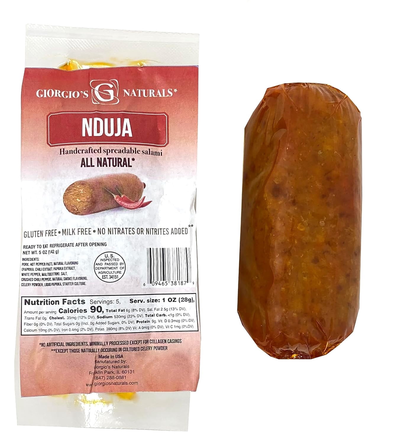 Giorgios Naturals 'Nduja - Handcrafted Spreadable Salami, Authentic Italian Salami, Charcuterie Meat Spread, 5 Oz