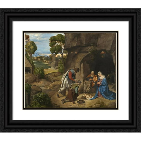 Giorgione 24x20 Black Ornate Framed Double Matted Museum Art Print Titled: The Adoration of the Shepherds (1505-1510)