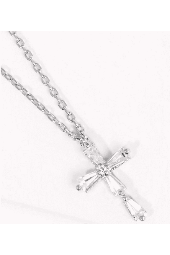 18k White Gold Dipped Crystal Cross Pendant & Chain Necklace