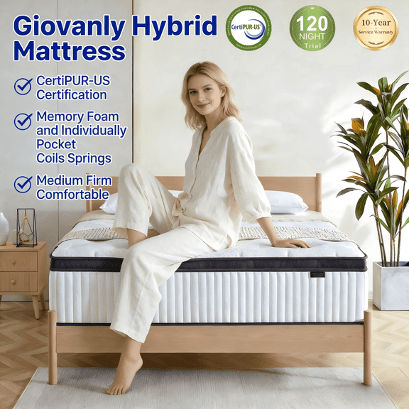 Giovanly 12 inch Queen Hybrid Mattress, Medium Firm Mattresses with Cooling Gel Memory Foam & Individually Pocket Coils, Motion Isolation & Zoned Support, CertiPUR-US Certified