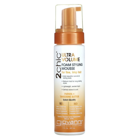 Giovanni 2chic, Ultra-Volume Foam Styling Mousse, For Fine, Limp Hair, Papaya + Tangerine Butter, 7 fl oz (207 ml)