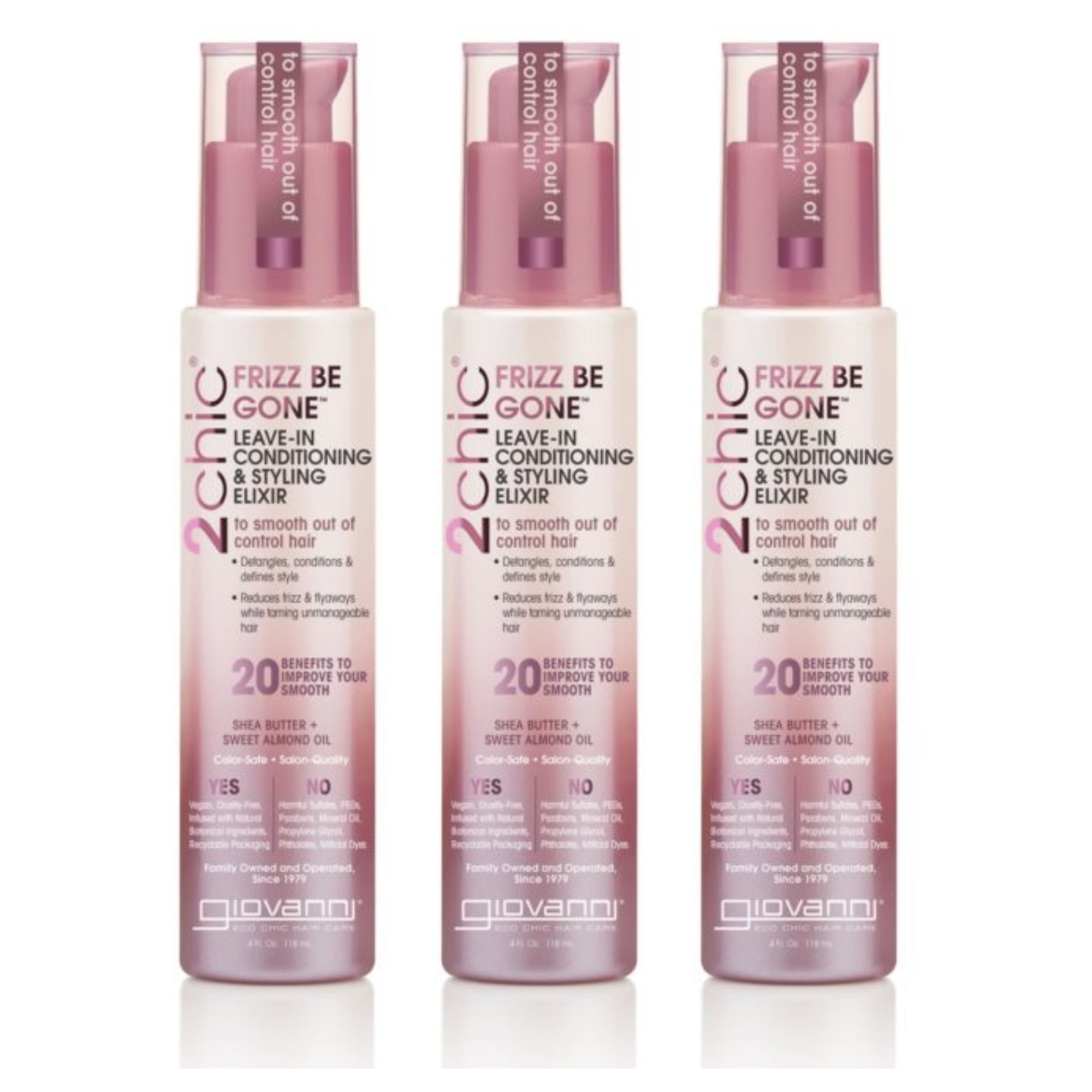 Giovanni 2chic Frizz Be Gone Leave In Conditioning Styling Elixir Spray, Shea Butter, Sweet Almond Oil, Jojoba, No Parabens, 4 fl oz (Pack of 3)