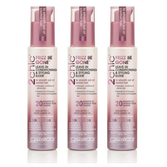 Giovanni 2chic Frizz Be Gone Leave In Conditioning Styling Elixir Spray, Shea Butter, Sweet Almond Oil, Jojoba, No Parabens, 4 fl oz (Pack of 3)