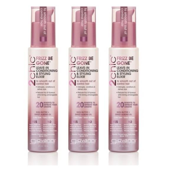 Giovanni 2chic Frizz Be Gone Leave In Conditioning Styling Elixir Spray, Shea Butter, Sweet Almond Oil, Jojoba, No Parabens, 4 fl oz (Pack of 3)