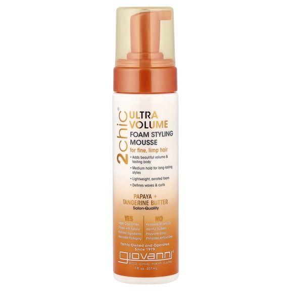 Giovanni 2chic®, Ultra-Volume Foam Styling Mousse, For Fine, Limp Hair, Papaya + Tangerine Butter, 7 fl oz (207 ml)