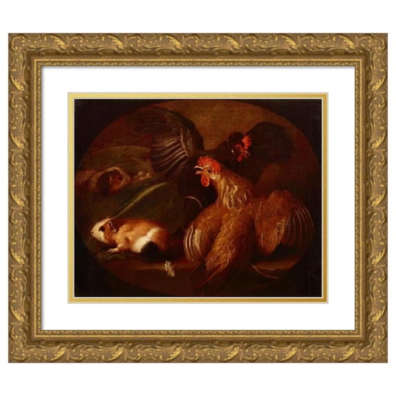 Giovanni Agostino Cassana 18x15 Gold Ornate Wood Frame and Double Matted Museum Art Print Titled - Hens and Guinea Pigs (1718-1720)