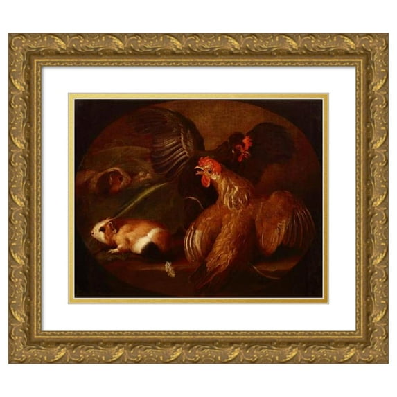 Giovanni Agostino Cassana 24x20 Gold Ornate Framed and Double Matted Museum Art Print Titled - Hens and Guinea Pigs (1718-1720)