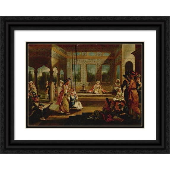 Giovanni Antonio Guardi 14x11 Black Ornate Wood Framed Double Matted Museum Art Print Titled: A Harem Scene With Soldiers Smoking and Odalisques Relaxing and Playing on a Swing in an Interio