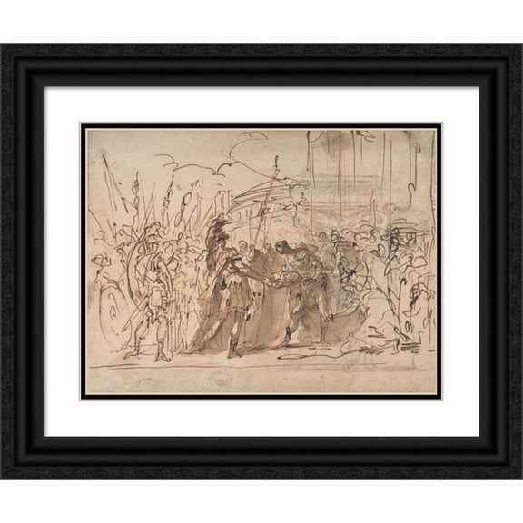 Giovanni Antonio Pellegrini 24x19 Black Ornate Framed Double Matted Museum Art Print Titled: The Head of Pompey Presented to Julius Caesar (1675-1741)