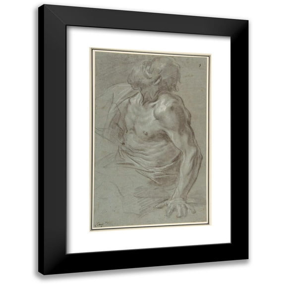 Giovanni Battista Beinaschi 17x24 Black Modern Framed Museum Art Print Titled - Seated Bearded Male Figure Looking to Upper Left (1636-88)
