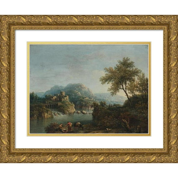 Giovanni Battista Cimaroli 24x19 Gold Ornate Framed and Double Matted Museum Art Print Titled - River Landscape with Figures and a Donkey