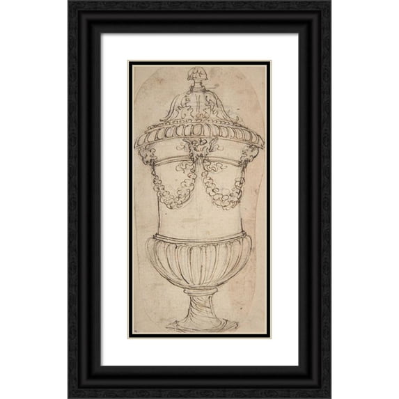 Giovanni Battista Foggini 11x18 Black Ornate Wood Framed Double Matted Museum Art Print Titled - Design for a Lidded Gadrooned Vase with Satyr Heads Holding Garlands (1652-1725)