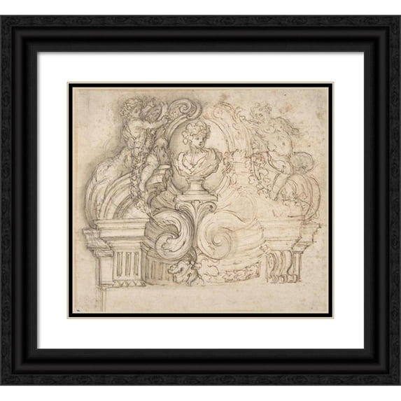 Giovanni Battista Foggini 13x12 Black Ornate Wood Framed Double Matted Museum Art Print Titled: Design for an Overdoor or the Top of a Niche with a Bust and Garland-Bearing Putti (1652-