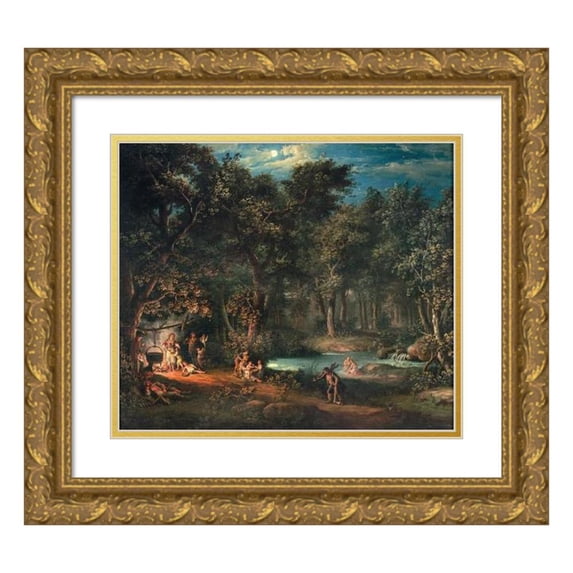 Giovanni Battista Innocenzo Colombo 16x15 Gold Ornate Wood Frame and Double Matted Museum Art Print Titled - Figures by an Encampment in a Nocturnal Landscape