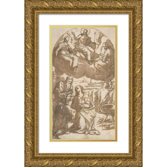 Giovanni Battista Maganza il Giovane 15x24 Gold Ornate Framed and Double Matted Museum Art Print Titled - The Martyrdom of Saint Lucy; Her Last Communion Before Being Dragged by Oxen (1556-1