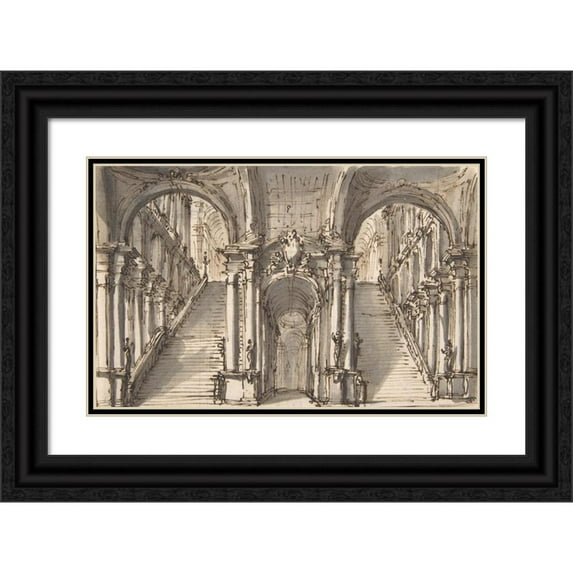 Giovanni Battista Natali III 18x13 Black Ornate Wood Framed Double Matted Museum Art Print Titled - Design for a Stage Set; Double Stairway Pierced by an Arcade (1698-1765)