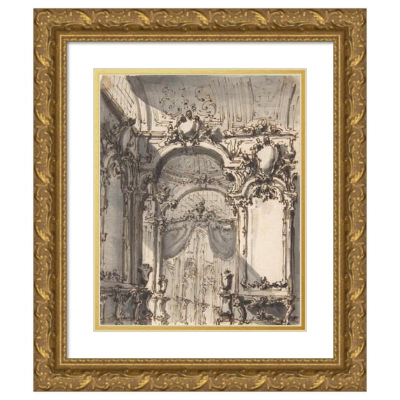 Giovanni Battista Natali III 20x24 Gold Ornate Framed and Double Matted Museum Art Print Titled - Design for a Stage Set; Interior of a Palazzo Decorated with Large Mirrors and Console Table