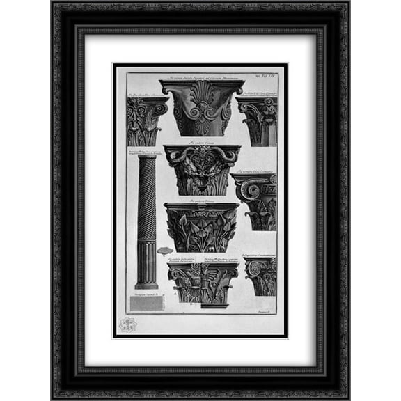 Giovanni Battista Piranesi 2x Matted 18x24 Black Ornate Framed Art Print 'Various capitals, column (Villa Albani, St. Clement, St. Cosmas, etc.)'