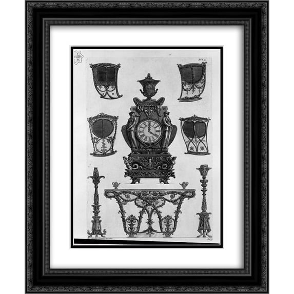 Giovanni Battista Piranesi 2x Matted 20x24 Black Ornate Framed Art Print 'Four sides of the sedan, a clock, two candlesticks, table wall'