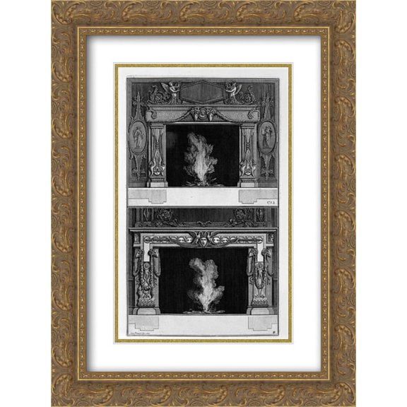 Giovanni Battista Piranesi 2x Matted 20x24 Gold Ornate Framed Art Print 'Two fireplaces overlapping the inf with Medusa heads between two swans, with the support heads of Aries'