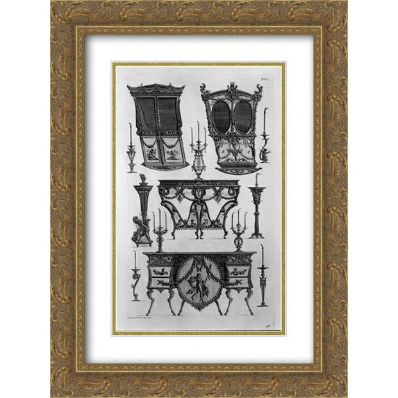 Giovanni Battista Piranesi 2x Matted 20x24 Gold Ornate Framed Art Print 'Two sides of sedan chairs, two tables to the wall, nine chandeliers'
