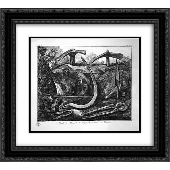 Giovanni Battista Piranesi 2x Matted 24x20 Black Ornate Framed Art Print 'Tools for masonry and agriculture'