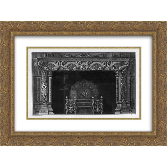 Giovanni Battista Piranesi 2x Matted 24x20 Gold Ornate Framed Art Print 'Fireplace four pairs in the frieze of dolphins addressed; a rich interior wing'