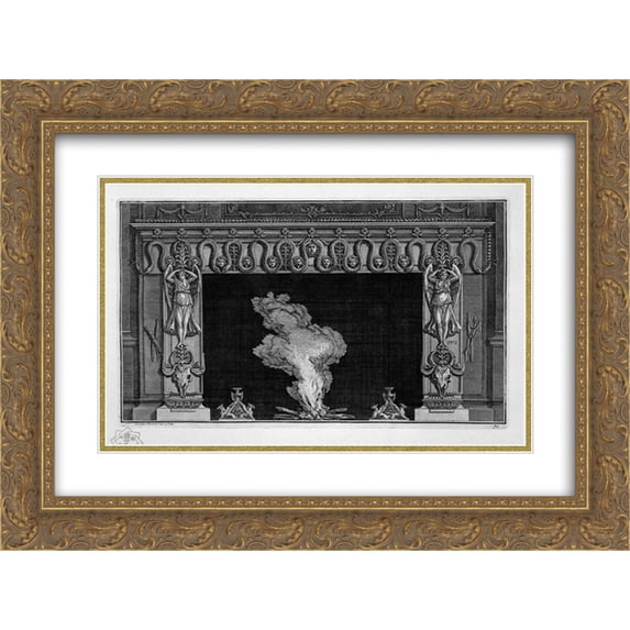 Giovanni Battista Piranesi 2x Matted 24x20 Gold Ornate Framed Art Print 'Fireplace with a frieze of serpents and winged figures above the hips bucranes'