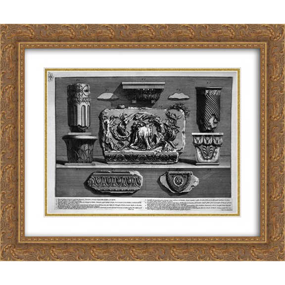 Giovanni Battista Piranesi 2x Matted 24x20 Gold Ornate Framed Art Print 'Pieces of columns, capitals, fragments of marble friezes and ornaments'