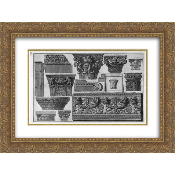 Giovanni Battista Piranesi 2x Matted 24x20 Gold Ornate Framed Art Print 'Several capitals and a frieze of Roman Villas'