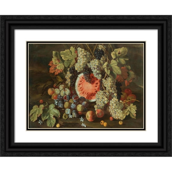 Giovanni Battista Ruoppolo 14x11 Black Ornate Wood Framed Double Matted Museum Art Print Titled: Still Life in a Landscape, with Grapes, Watermelons, Figs and Apples