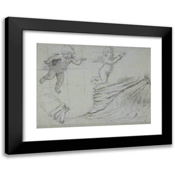 Giovanni Battista Salvi da Sassoferrato 14x11 Black Modern Framed Museum Art Print Titled - Studies of Two Flying Putti and of Drapery (1609-85)