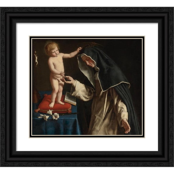 Giovanni Battista Salvi da Sassoferrato 14x12 Black Ornate Wood Framed Double Matted Museum Art Print Titled: St. Catherine of Siena Receiving the Crown of Thorns From the Christ Child