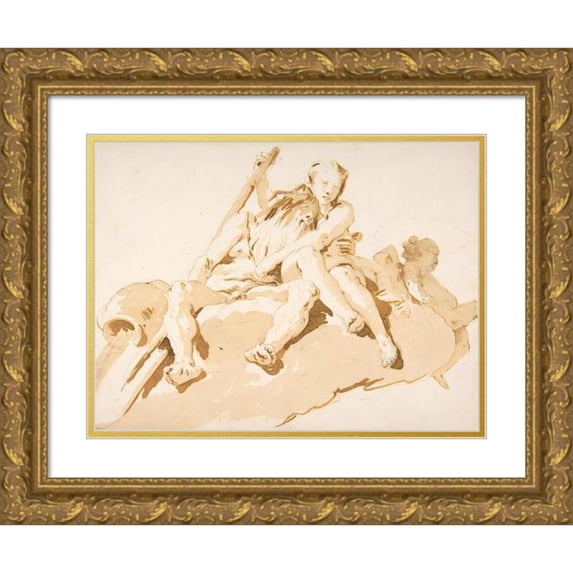 Giovanni Battista Tiepolo 14x11 Gold Ornate Wood Frame and Double Matted Museum Art Print Titled - Seated River God, Nymph with an Oar, and Putto (1696-1770)